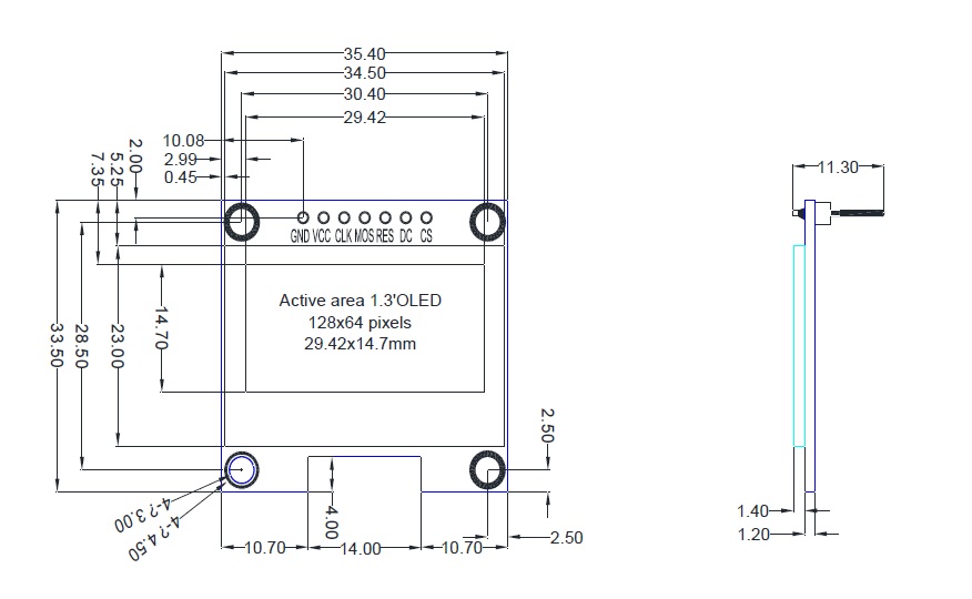 Monochrome 1.3'' 128x64 OLED Graphic Display module datasheet drawings